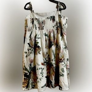 Linen-Blend Floral Ruched Mini Babydoll Dress